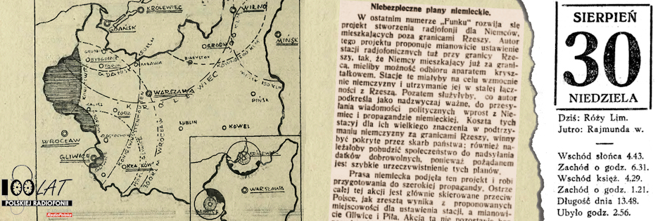 Ilustracja tytułowa dla dnia: 30.08.1925. Mapa zasięgu stacji niemieckich i radzieckich oraz fragment artykułu z „Dziennika Poznańskiego”. Źródło: „RAdjo” 14/1927, „Dziennik Poznański”, 29.08.1925 Ilustracja tytułowa dla dnia: 30.08.1925. Mapa zasięgu stacji niemieckich i radzieckich oraz fragment artykułu z „Dziennika Poznańskiego”. Źródło: „RAdjo” 14/1927, „Dziennik Poznański”, 29.08.1925