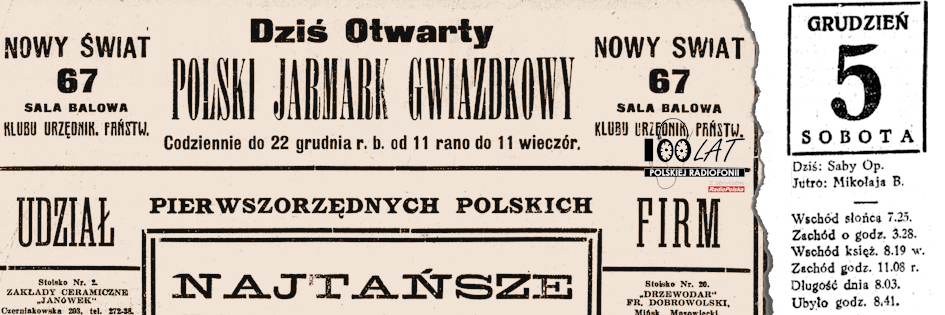 Ilustracja tytułowa dla dnia: 05.12.1925. Reklama Polskiego Jarmarku Gwiazdkowego w „Kurjerze Warszawskim”. Źródło: „Kurjer Warszawski” (wieczorny), 5.12.1925