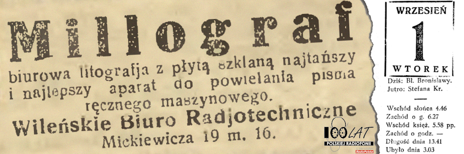 Ilustracja tytułowa dla dnia: 01.09.1925. Reklama Wileńskiego Biura Radjotechnicznego w „Słowie”. Źródło: „Słowo”, 8.07.1926