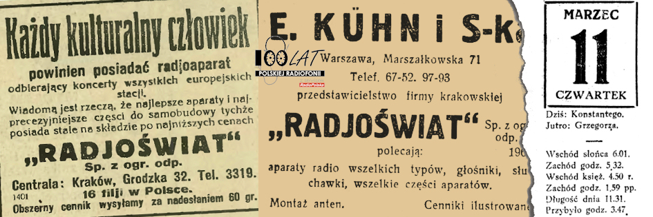 Ilustracja tytułowa dla dnia: 11.03.1926. Reklamy firm Radjoświat i E. Kühn i S-ka. Źródło: „Ilustrowany Kuryer Codzienny”, 11.04.1926; „Rzeczpospolita”, 7.06.1926 Ilustracja tytułowa dla dnia: 11.03.1926. Reklamy firm Radjoświat i E. Kühn i S-ka. Źródło: „Ilustrowany Kuryer Codzienny”, 11.04.1926; „Rzeczpospolita”, 7.06.1926