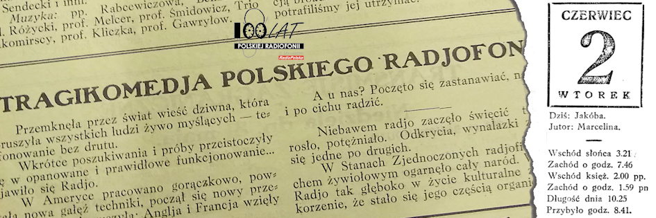Ilustracja tytułowa dla dnia: 02.06.1925. Fragment artykułu „Tragikomedia polskiego radjofonu” z „Radjofonu Polskiego”. Źródło: „Radjofon Polski” 2/1925 Ilustracja tytułowa dla dnia: 02.06.1925. Fragment artykułu „Tragikomedia polskiego radjofonu” z „Radjofonu Polskiego”. Źródło: „Radjofon Polski” 2/1925