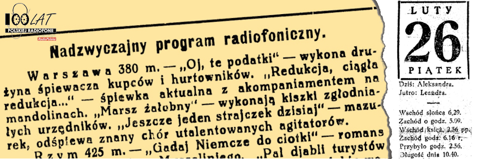Ilustracja tytułowa dla dnia: 26.02.1926. Fragment radiowego żartu z tygodnika satyrycznego „Mucha”. Źródło: „Mucha” 9/1926