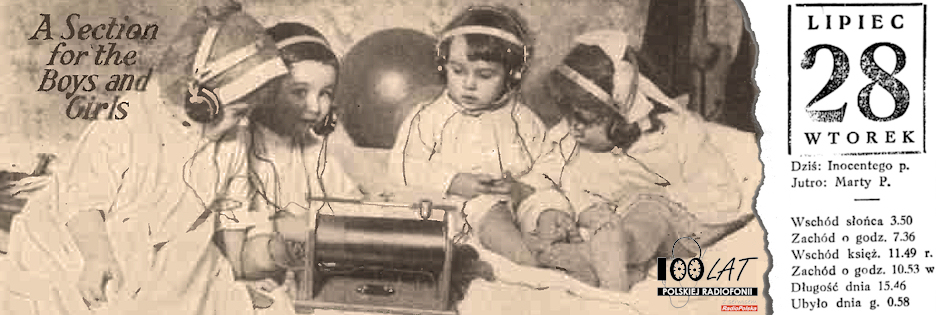 Ilustracja tytułowa dla dnia: 28.07.1925. Dzieci słuchające radia. Źródło: „Wireless Magazine” 5/1925 Ilustracja tytułowa dla dnia: 28.07.1925. Dzieci słuchające radia. Źródło: „Wireless Magazine” 5/1925