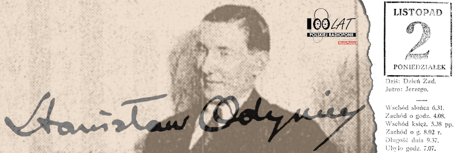Ilustracja tytułowa dla dnia: 02.11.1925. Podpis Stanisława Odyńca na tle zdjęcia z „Rzeczpospolitej”. Źródło: „Rzeczpospolita”, 14.02.1926, Księgi metrykalne parafii rzymskokatolickiej Św. Aleksandra w Warszawie (Skanoteka - Metryki)