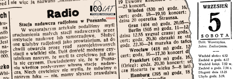 Ilustracja tytułowa dla dnia: 05.09.1925. Fragment artykułu o stacji nadawczej w Poznaniu. Źródło: „Dziennik Poznański”, 5.09.1925