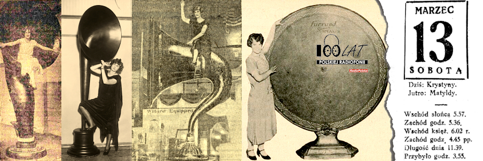 Ilustracja tytułowa dla dnia: 13.03.1926. Największe głośniki świata. Źródło: „Ilustrowana Republika”, 12.03.1926; Wikipedia (https://commons.wikimedia.org/wiki/File:Bundesarchiv_Bild_102-08307,_Berliner_Funkausstellung,_Riesenlautsprecher.jpg); „Express Kaliski”, 9.08.1925; Illustrierte Technik für Jedermann 18/1925