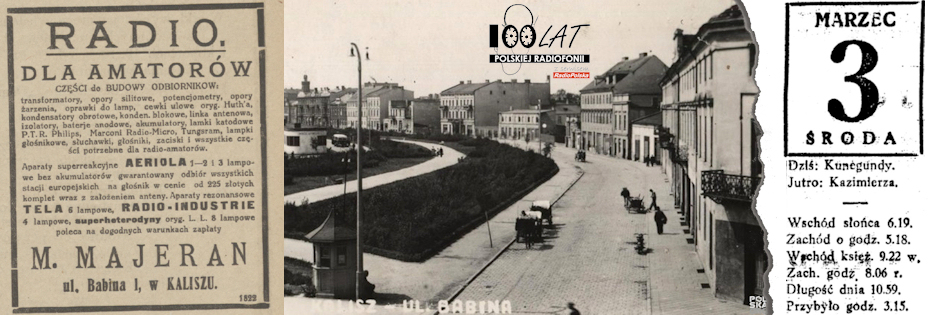 Ilustracja tytułowa dla dnia: 03.03.1926. Reklama firmy Radio-Majeran oraz ulica Babina w Kaliszu. Źródło: „Gazeta Kaliska”, 18.10.1925; polska-org.pl (https://polska-org.pl/9521870,foto.html?idEntity=7814957)