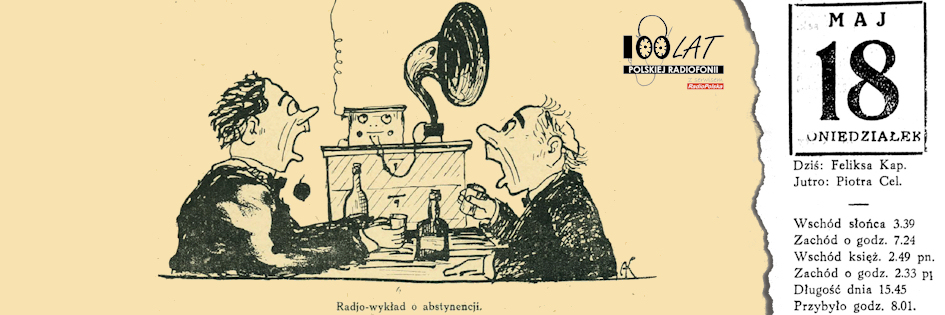 Ilustracja tytułowa dla dnia: 18.05.1925. Dział Radjo-humor w piśmie „Radjo dla wszystkich”. Źródło: „Radio dla wszystkich” 4-5/1925 Ilustracja tytułowa dla dnia: 18.05.1925. Dział Radjo-humor w piśmie „Radjo dla wszystkich”. Źródło: „Radio dla wszystkich” 4-5/1925