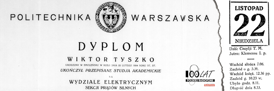Ilustracja tytułowa dla dnia: 22.11.1925. Fragment dyplomu inżyniera elektryka Wiktora Tyszki. Źródło: Archiwum Akt Nowych