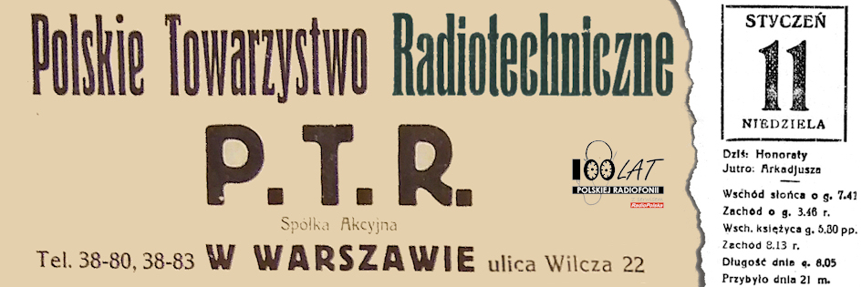 Ilustracja tytu?owa dla dnia: 11.01.1925. Reklama Polskiego Towarzystwa Radjotechnicznego w ?Radjo-Kurierze?. ?r?d?o: ?Radjo-Kurier? 1/1925